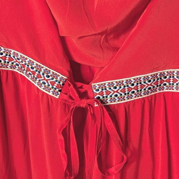 Gypsy O5 Strapless Red Silk Tie Dye Embroidered Elastic Tie Waist Maxi Dress L - Picture 4 of 15